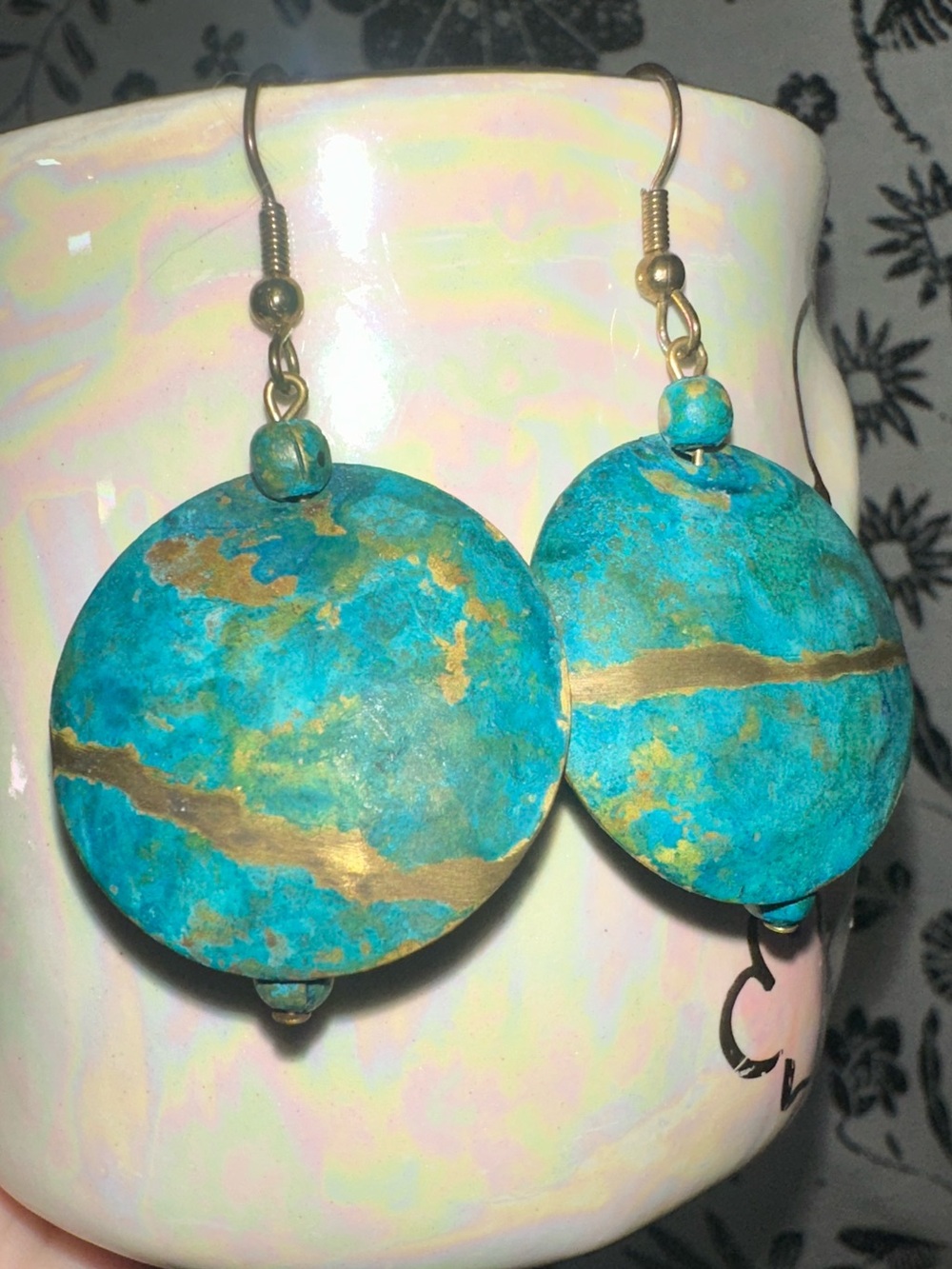 Vintage Teal Patina Metallic Disk Earrings